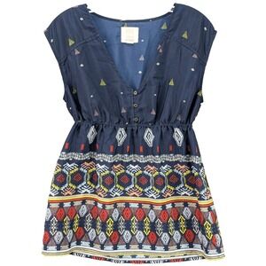 Quicksilver Women's 5 Indian Summer‎ Blouse Smocked Sleeveless V-Neck Navy Blue